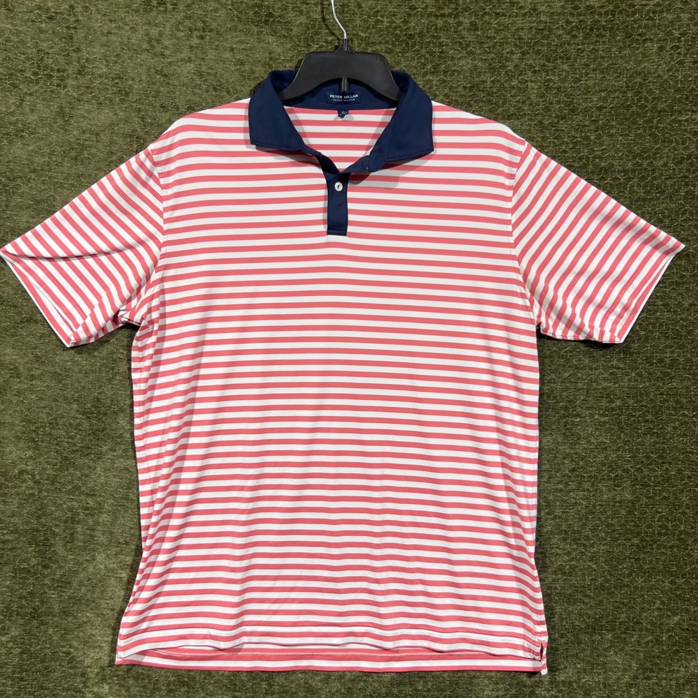 Peter Millar Polo Shirt Mens XL Pink White Striped Crown Crafted Short Sleeve